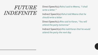 FUTURE
INDEFINITE
Direct Speech(1):Rahul said to Meena, “I shall
write a letter.”
Indirect Speech(1):Rahul told Meena that he
should write a letter.
Direct Speech(2):Rita said to Karan, “You will
attend the party tomorrow”
Indirect Speech(2):Rita told Karan that he would
attend the party the next day.
 