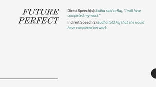 FUTURE
PERFECT
Direct Speech(1):Sudha said to Raj, “I will have
completed my work.”
Indirect Speech(1):Sudha told Raj that she would
have completed her work.
 