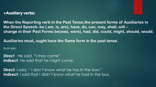 ❖Auxiliary verbs:
When the Reporting verb in the Past Tense,the present forms of Auxiliaries in
the Direct Speech- be ( am, is, are), have, do, can, may, shall, will –
change in their Past Forms be(was, were), had, did, could, might, should, would.
Auxiliaries must, ought have the Same form in the past tense.
Example:
Direct : He said, “I may come”
Indirect: He said that he might come.
Direct: I said, “ I don’t know what he has in the box.”
Indirect: I said that I didn’t know what he had in the box.
 