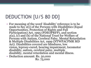 DEDUCTION [U/S 80 DD]
• For meaning of the word 'disability' reference is to be
made to Sec 2(i) of the Persons with Disabilities (Equal
Opportunities, Protection of Rights and Full
Participation) Act, 1995 (PDEOPRFP), and section
2(a), (c) and (h) of the National Trust for Welfare of
Persons with Autism, Cerebral Palsy, Mental Retardation
& Multiple Disabilities Act, 1999 (NTWPACPMR MD
Act). Disabilities covered are blindness, low
vision, leprosy-cured, hearing impairment, locomotor
disability, autism, cerebral palsy, multiple
disability, mental retardation and mental illness.
• Deduction amount: Rs. 50,000
Rs. 75,000
 