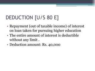 DEDUCTION [U/S 80 E]
• Repayment (out of taxable income) of interest
on loan taken for pursuing higher education
• The entire amount of interest is deductible
without any limit .
• Deduction amount: Rs. 40,000
 