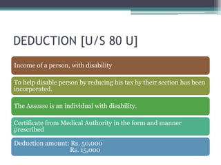 DEDUCTION [U/S 80 U]
Income of a person, with disability
To help disable person by reducing his tax by their section has been
incorporated.
The Assesse is an individual with disability.
Certificate from Medical Authority in the form and manner
prescribed
Deduction amount: Rs. 50,000
Rs. 15,000
 