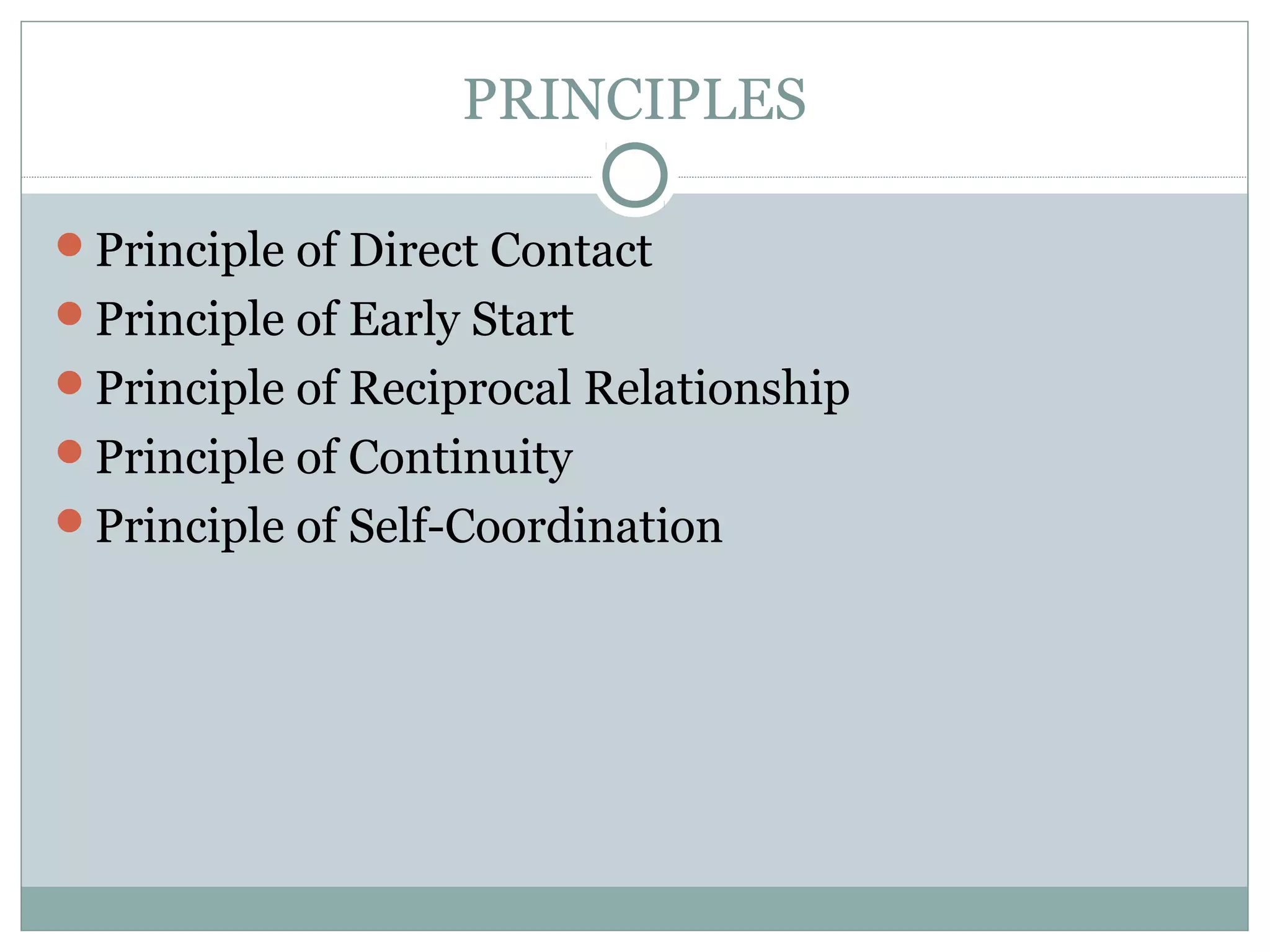 PRINCIPLES
Principle of Direct Contact
Principle of Early Start
Principle of Reciprocal Relationship
Principle of Continuity
Principle of Self-Coordination
 