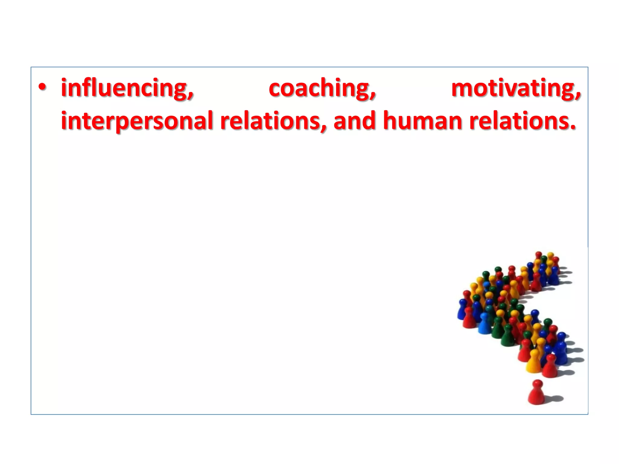 • influencing,
coaching,
motivating,
interpersonal relations, and human relations.

 