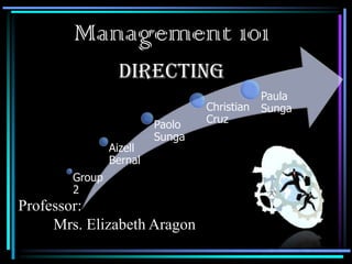 Management 101
DIRECTING
Professor:
Mrs. Elizabeth Aragon
Group
2
Aizell
Bernal
Paolo
Sunga
Christian
Cruz
Paula
Sunga
 