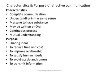 Characteristics & Purpose of effective communication
Characteristics
• Complete communication
• Understanding in the same sense
• Message to have substance
• May be written or Oral
• Continuous process
• Mutual understanding
Purpose
• Sharing ideas
• To reduce time and cost
• To improve relationship
• To satisfy human needs
• To avoid gossip and rumors
• To transmit information
Compiled by Dr.M.Balasubramanian
 