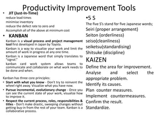 Productivity Improvement Tools• JIT (Just-In-Time)
reduce lead times
minimise inventory
reduce the defect rate to zero and
Accomplish all of the above at minimum cost
• KANBAN
Kanban is a visual process and project management
tool first developed in Japan by Toyota.
Kanban is a way to visualize your work and limit the
amount of work in progress at any one time.
Kanban is a Japanese word that simply translates to
“signal.”
kanban card work system allows teams to
communicate and collaborate on what work needs to
be done and when.
Kanban has three core principles:
• Start with what you know - Don't try to reinvent the
wheel right away. Visualize what you have now.
• Pursue incremental, evolutionary change - Once you
can see the current state of your work, visualize how
to improve it.
• Respect the current process, roles, responsibilities &
titles - Don't make drastic, sweeping changes without
getting buy-in from the rest of your team. Kanban is a
collaborative process.
•5 S
The five S’s stand for five Japanese words;
Seiri (proper arrangement)
Seiton (orderliness)
seiso(cleanliness)
seiketsu(standardising)
Shitsuke (discipline)
KAIZEN
Define the area for improvement.
Analyse and select the
appropriate problem.
Identify its causes.
Plan counter measures.
Implement countermeasures.
Confirm the result.
Standardize.
 