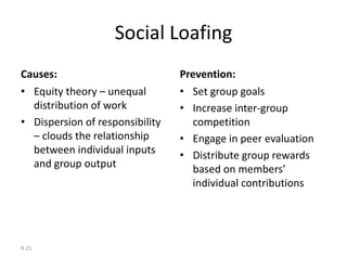 8-25
Social Loafing
Causes:
• Equity theory – unequal
distribution of work
• Dispersion of responsibility
– clouds the relationship
between individual inputs
and group output
Prevention:
• Set group goals
• Increase inter-group
competition
• Engage in peer evaluation
• Distribute group rewards
based on members’
individual contributions
 