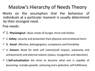 Maslow’s Hierarchy of Needs Theory
Works on the assumption that the behaviour of
individuals at a particular moment is usually determined
by their strongest need.
Five needs:
 1. Physiological : Basic needs of hunger, thirst and shelter.
 2. Safety: security and protection from physical and emotional harm
 3. Social: affection, belongingness, acceptance and friendship
 4. Esteem: Need for both self esteem(self respect, autonomy and
achievement) and external esteem (status, recognition and attention)
 5.Self-actualization the drive to become what one is capable of
becoming: includes growth, achieving one’s potential, self fulfillment.
 