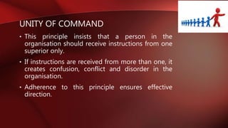 UNITY OF COMMAND
• This principle insists that a person in the
organisation should receive instructions from one
superior only.
• If instructions are received from more than one, it
creates confusion, conflict and disorder in the
organisation.
• Adherence to this principle ensures effective
direction.
 