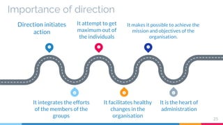 Importance of direction
25
1 3 5
6
4
2
Direction initiates
action
It attempt to get
maximum out of
the individuals
It makes it possible to achieve the
mission and objectives of the
organisation.
It integrates the efforts
of the members of the
groups
It facilitates healthy
changes in the
organisation
It is the heart of
administration
 