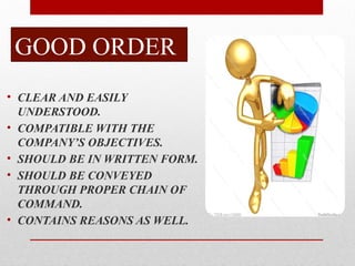 GOOD ORDER
• CLEAR AND EASILY
UNDERSTOOD.
• COMPATIBLE WITH THE
COMPANY’S OBJECTIVES.
• SHOULD BE IN WRITTEN FORM.
• SHOULD BE CONVEYED
THROUGH PROPER CHAIN OF
COMMAND.
• CONTAINS REASONS AS WELL.
 