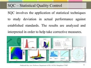 SQC – Statistical Quality Control
SQC involves the application of statistical techniques
to study deviation in actual performance against
established standards. The results are analyzed and
interpreted in order to help take corrective measures.
85
 
