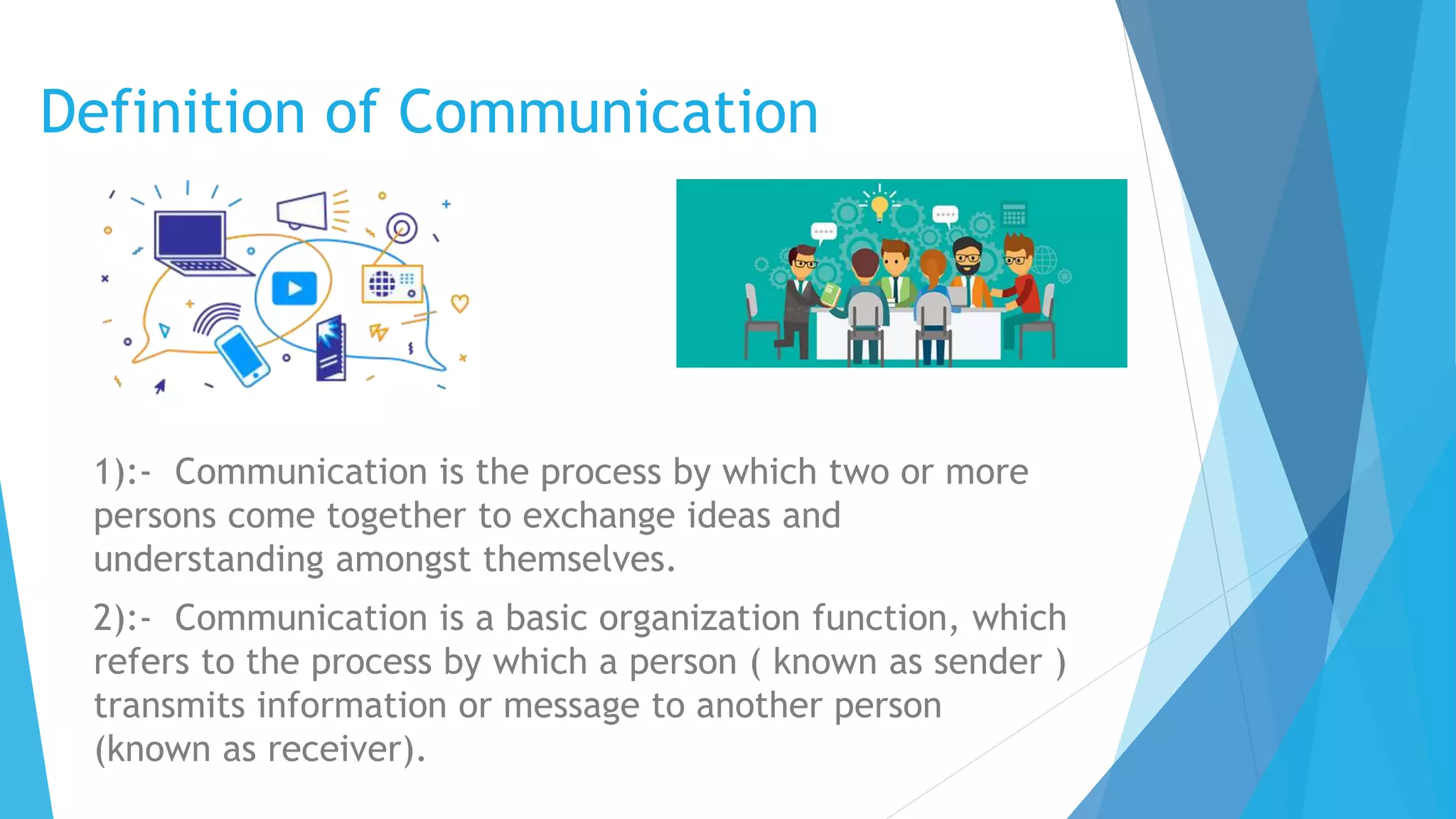 Definition of Communication
1):- Communication is the process by which two or more
persons come together to exchange ideas and
understanding amongst themselves.
2):- Communication is a basic organization function, which
refers to the process by which a person ( known as sender )
transmits information or message to another person
(known as receiver).
 
