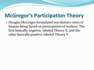 McGregor’s Participation Theory
 Douglas McGregor formulated two distinct views of
human being based on participation of workers. The
first basically negative, labeled Theory X, and the
other basically positive, labeled Theory Y.
 