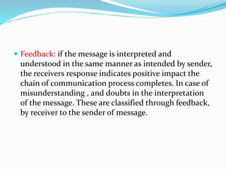  Feedback: if the message is interpreted and
understood in the same manner as intended by sender,
the receivers response indicates positive impact the
chain of communication process completes. In case of
misunderstanding , and doubts in the interpretation
of the message. These are classified through feedback,
by receiver to the sender of message.
 
