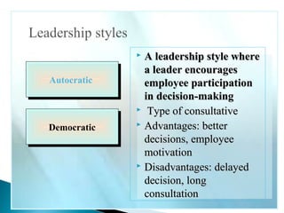  AA lleeaaddeerrsshhiipp ssttyyllee wwhheerree 
aa lleeaaddeerr eennccoouurraaggeess 
eemmppllooyyeeee ppaarrttiicciippaattiioonn 
iinn ddeecciissiioonn--mmaakkiinngg 
 TTyyppee ooff ccoonnssuullttaattiivvee 
 AAddvvaannttaaggeess:: bbeetttteerr 
ddeecciissiioonnss,, eemmppllooyyeeee 
mmoottiivvaattiioonn 
 DDiissaaddvvaannttaaggeess:: ddeellaayyeedd 
ddeecciissiioonn,, lloonngg 
ccoonnssuullttaattiioonn 
AAuuttooccrraattiicc 
DDeemmooccrraattiicc 
 
