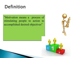 “Motivation means a process of 
stimulating people to action to 
accomplished desired objectives” 
 