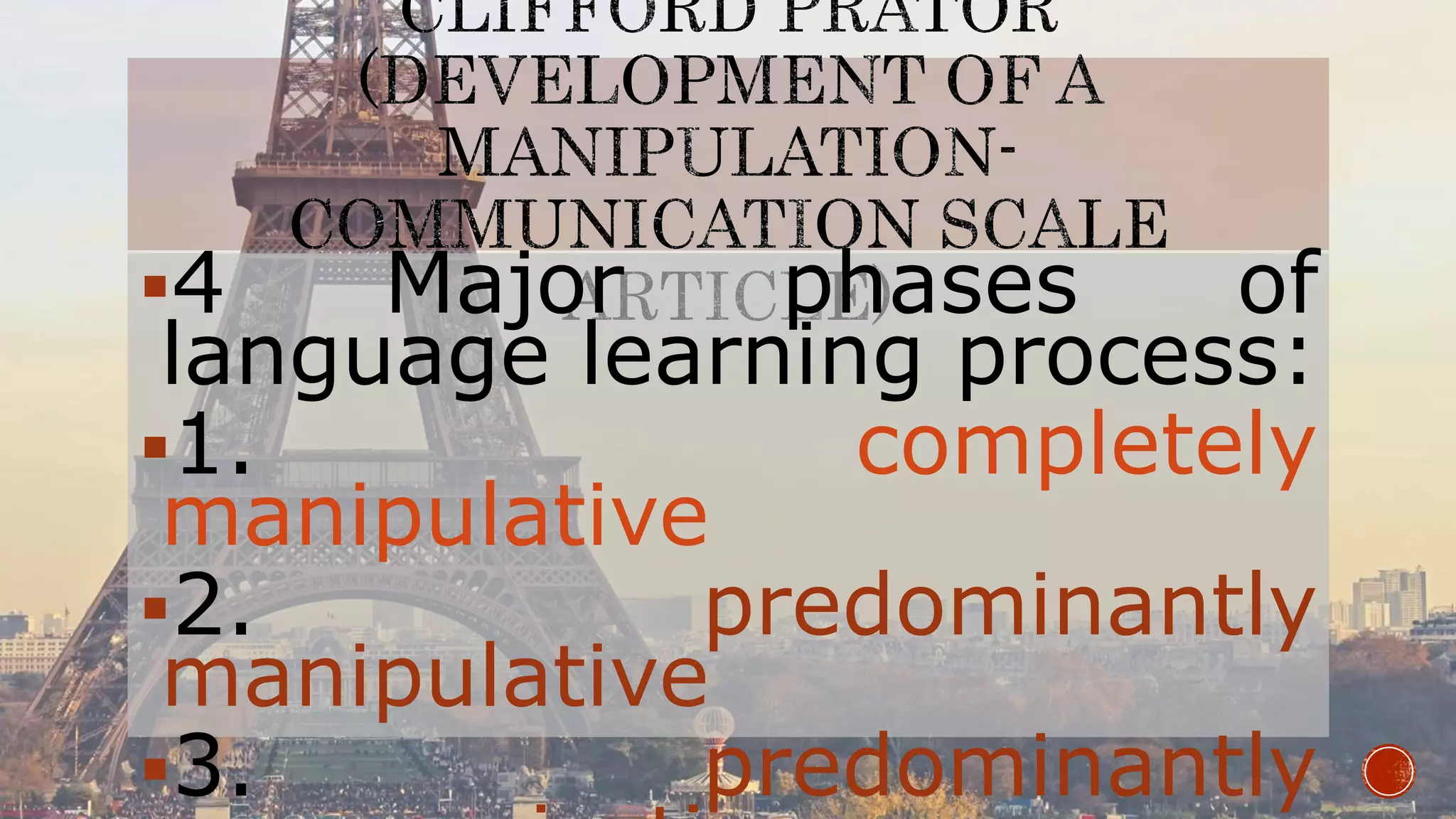 4 Major phases of
language learning process:
1. completely
manipulative
2. predominantly
manipulative
3. predominantly
 