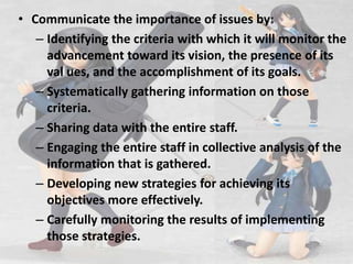 Communicate the importance of issues by:,[object Object],Identifying the criteria with which it will monitor the advancement toward its vision, the presence of its values, and the accomplishment of its goals.,[object Object],Systematically gathering information on those criteria.,[object Object],Sharing data with the entire staff.,[object Object],Engaging the entire staff in collective analysis of the information that is gathered.,[object Object],Developing new strategies for achieving its objectives more effectively.,[object Object],Carefully monitoring the results of implementing those strategies.,[object Object]