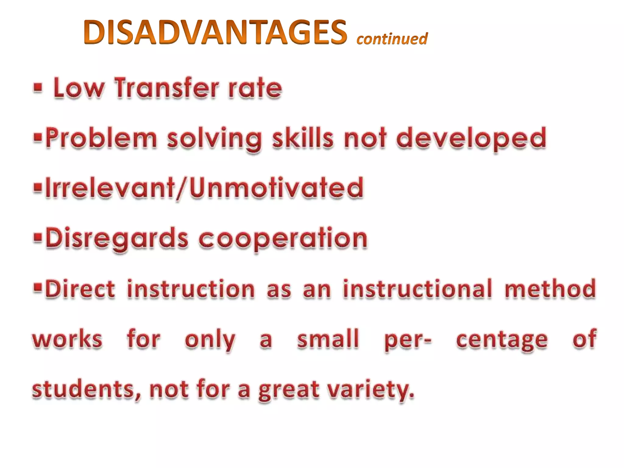 PRINCIPLES OF DIRECT INSTRUCTIONIntroduction/Review:Topics or information to be learned is presented to the pupils or review of information sets the stage for learning.Development:The teacher provides clear explanations, descriptions, examples, or models of what is to be learned while checking for pupils' understanding through questioning.Guided Practice:Opportunities are provided to the pupils to practice what is expected to be learned while the teacher monitors the activities or tasks assigned.