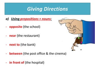 Giving Directions
a) Using prepositions + nouns:
- opposite (the school)
- near (the restaurant)
- next to (the bank)
- between (the post office & the cinema)
- in front of (the hospital)
 