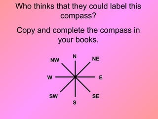 NN
EE
SS
WW
NENE
SESESWSW
NWNW
Who thinks that they could label this
compass?
Copy and complete the compass in
your books.
 
