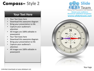 Compass– Style 2

                Your Text Here
        •   Your Text Goes here
        •   Download this awesome diagram
        •   Bring your presentation to life                           0

        •   Capture your audience’s                       1100
                                                                                 100




        •
            attention
            All images are 100% editable in     1000
                                                                      N                200
                                                                 NW
            powerpoint                                                      NE
        •   Your Text Goes here




                                                      W


                                                                                 E
        •
                                              900                                            300
            Download this awesome diagram
        •   Bring your presentation to life                  SW             SE
        •   Capture your audience’s

        •
            attention
            All images are 100% editable in
                                                    800

                                                                      S                400




                                                           700                   500

            powerpoint                                                600




                                                                                              Your logo
Unlimited downloads at www.slideteam.net
 