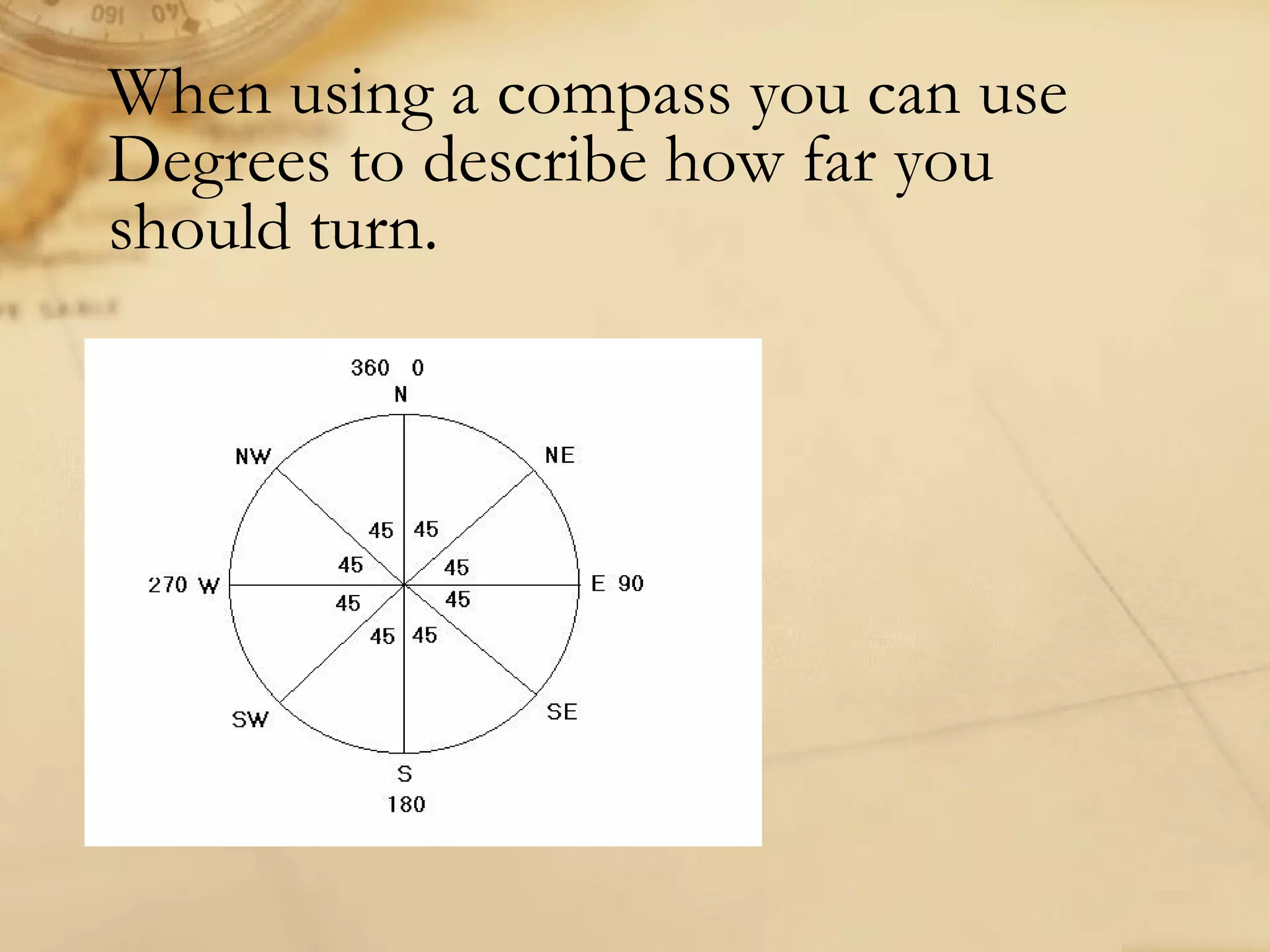 When using a compass you can use 
Degrees to describe how far you 
should turn. 
 