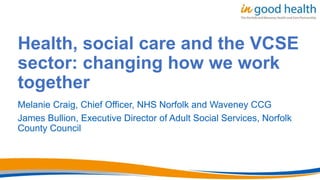 Health, social care and the VCSE
sector: changing how we work
together
Melanie Craig, Chief Officer, NHS Norfolk and Waveney CCG
James Bullion, Executive Director of Adult Social Services, Norfolk
County Council
 