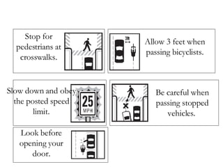 Stop for pedestrians at crosswalks. Slow down and obey the posted speed limit. Look before opening your door. Be careful when passing stopped vehicles.   Allow 3 feet when passing bicyclists. 