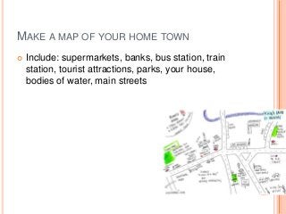 MAKE A MAP OF YOUR HOME TOWN


Include: supermarkets, banks, bus station, train
station, tourist attractions, parks, your house,
bodies of water, main streets

 