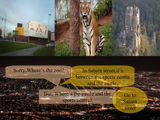 Sorry,Where´s the zoo? In Saturn street,it´s between the sports centre and the castle. But, Where´s the castle and the sports centre? Go to Saturn street 