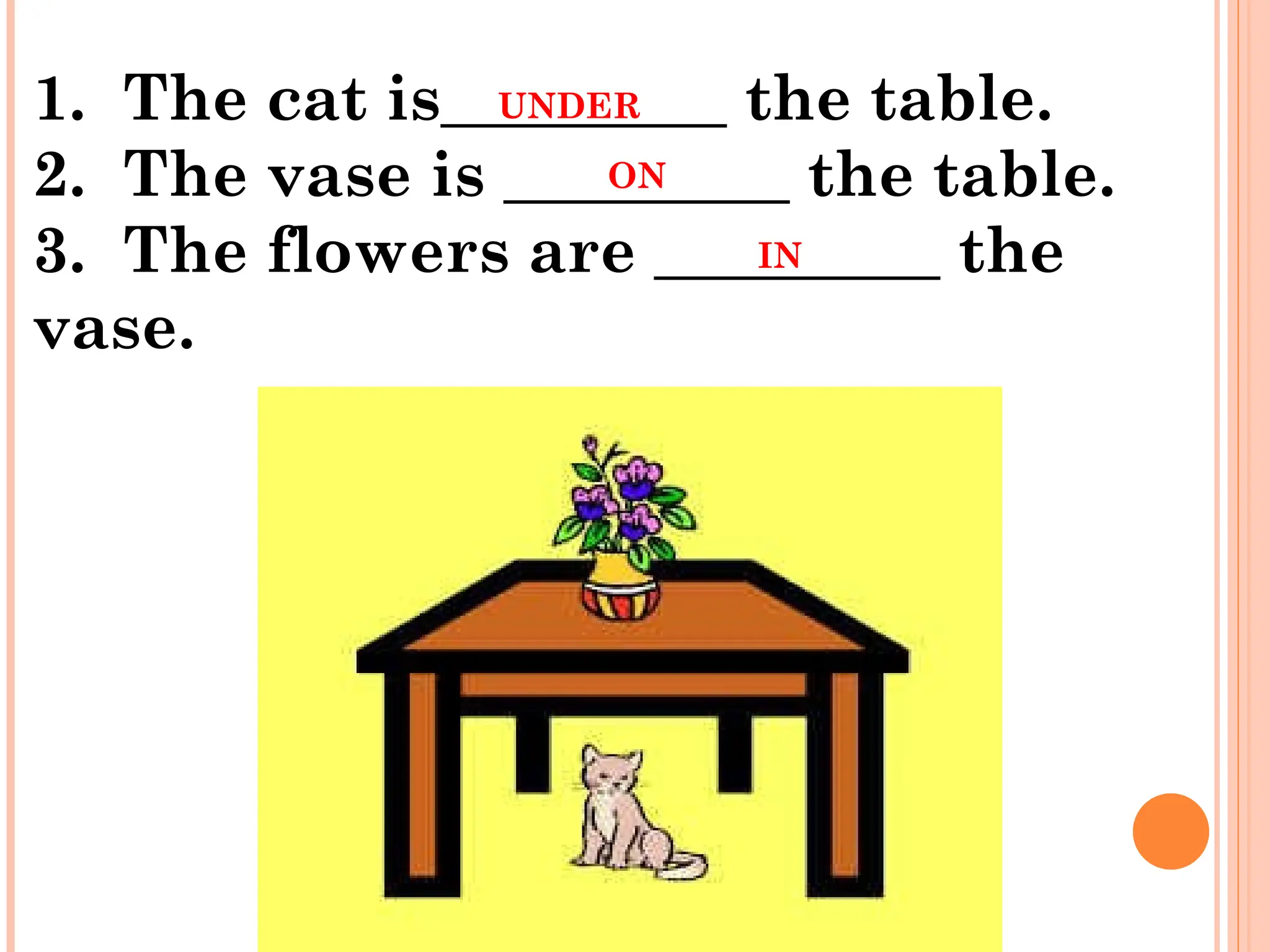 1. The cat is_________ the table.
2. The vase is _________ the table.
3. The flowers are _________ the
vase.
UNDER
ON
IN
 