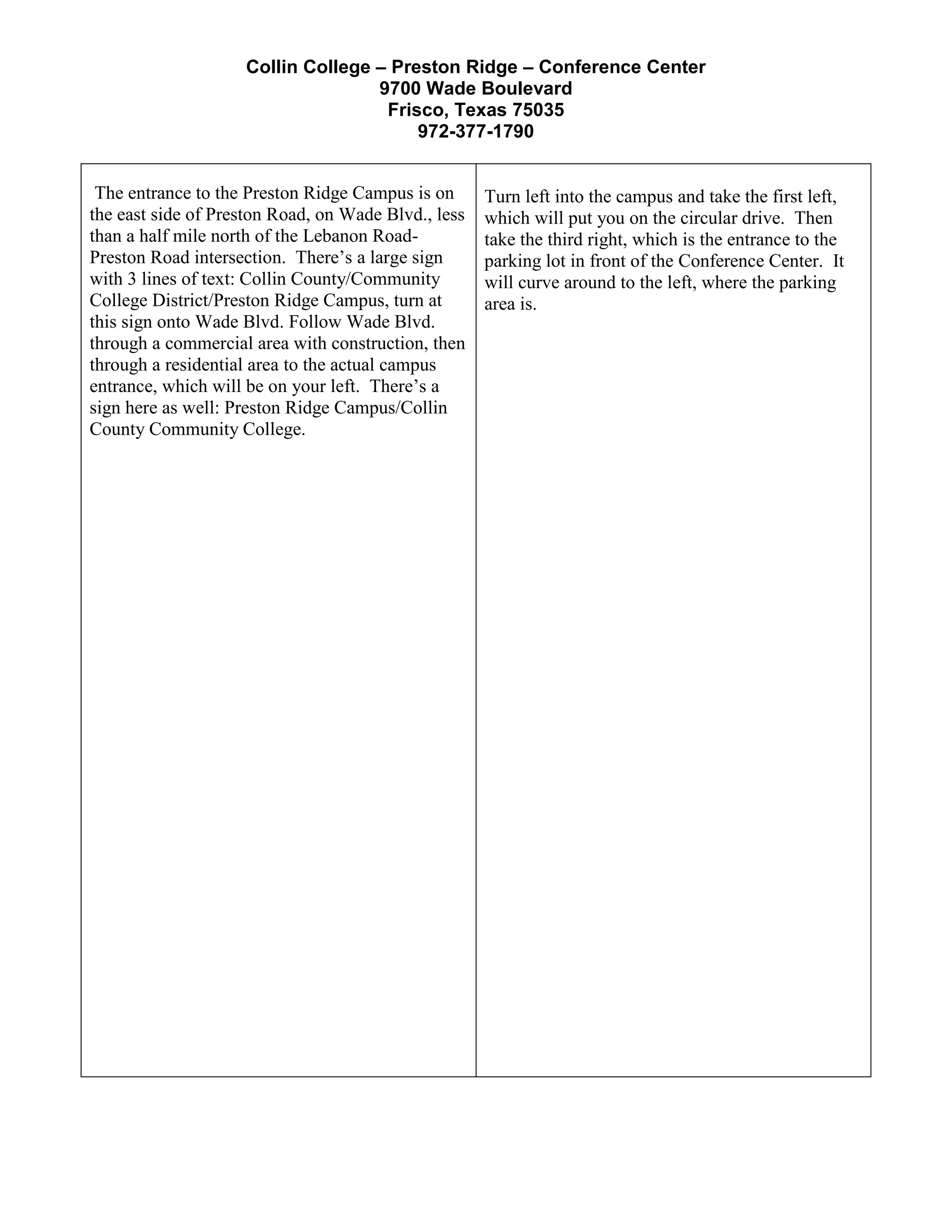 Preston Ridge Collin Directions to Preston Ridge Conference Center | PDF