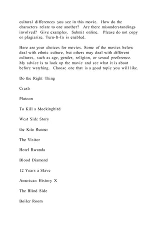 cultural differences you see in this movie. How do the
characters relate to one another? Are there misunderstandings
involved? Give examples. Submit online. Please do not copy
or plagiarize. Turn-It-In is enabled.
Here are your choices for movies. Some of the movies below
deal with ethnic culture, but others may deal with different
cultures, such as age, gender, religion, or sexual preference.
My advice is to look up the movie and see what it is about
before watching. Choose one that is a good topic you will like.
Do the Right Thing
Crash
Platoon
To Kill a Mockingbird
West Side Story
the Kite Runner
The Visitor
Hotel Rwanda
Blood Diamond
12 Years a Slave
American History X
The Blind Side
Boiler Room
 