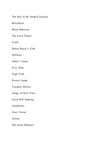 The Boy in the Striped Pajamas
Braveheart
Brick Mansions
The Color Purple
Crash
Dallas Buyer’s Club
Defiance
Ender’s Game
Ever After
Fight Club
Forrest Gump
Freedom Writers
Gangs of New York
Good Will Hunting
Goodfellas
Gran Torino
Grease
The Great Debaters
 
