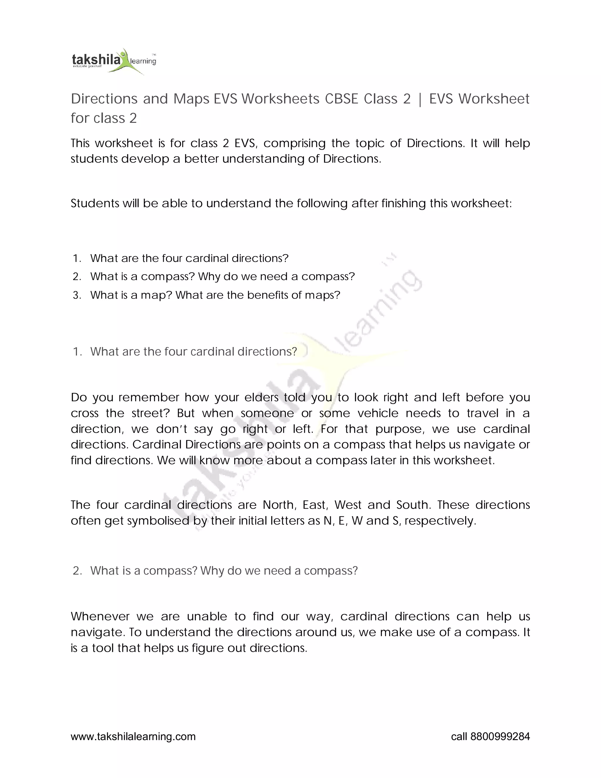 Directions and Maps EVS Worksheets CBSE Class 2 - EVS Worksheet for ...