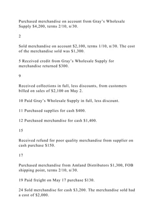 Purchased merchandise on account from Gray’s Wholesale
Supply $4,200, terms 2/10, n/30.
2
Sold merchandise on account $2,100, terms 1/10, n/30. The cost
of the merchandise sold was $1,300.
5 Received credit from Gray’s Wholesale Supply for
merchandise returned $300.
9
Received collections in full, less discounts, from customers
billed on sales of $2,100 on May 2.
10 Paid Gray’s Wholesale Supply in full, less discount.
11 Purchased supplies for cash $400.
12 Purchased merchandise for cash $1,400.
15
Received refund for poor quality merchandise from supplier on
cash purchase $150.
17
Purchased merchandise from Amland Distributors $1,300, FOB
shipping point, terms 2/10, n/30.
19 Paid freight on May 17 purchase $130.
24 Sold merchandise for cash $3,200. The merchandise sold had
a cost of $2,000.
 