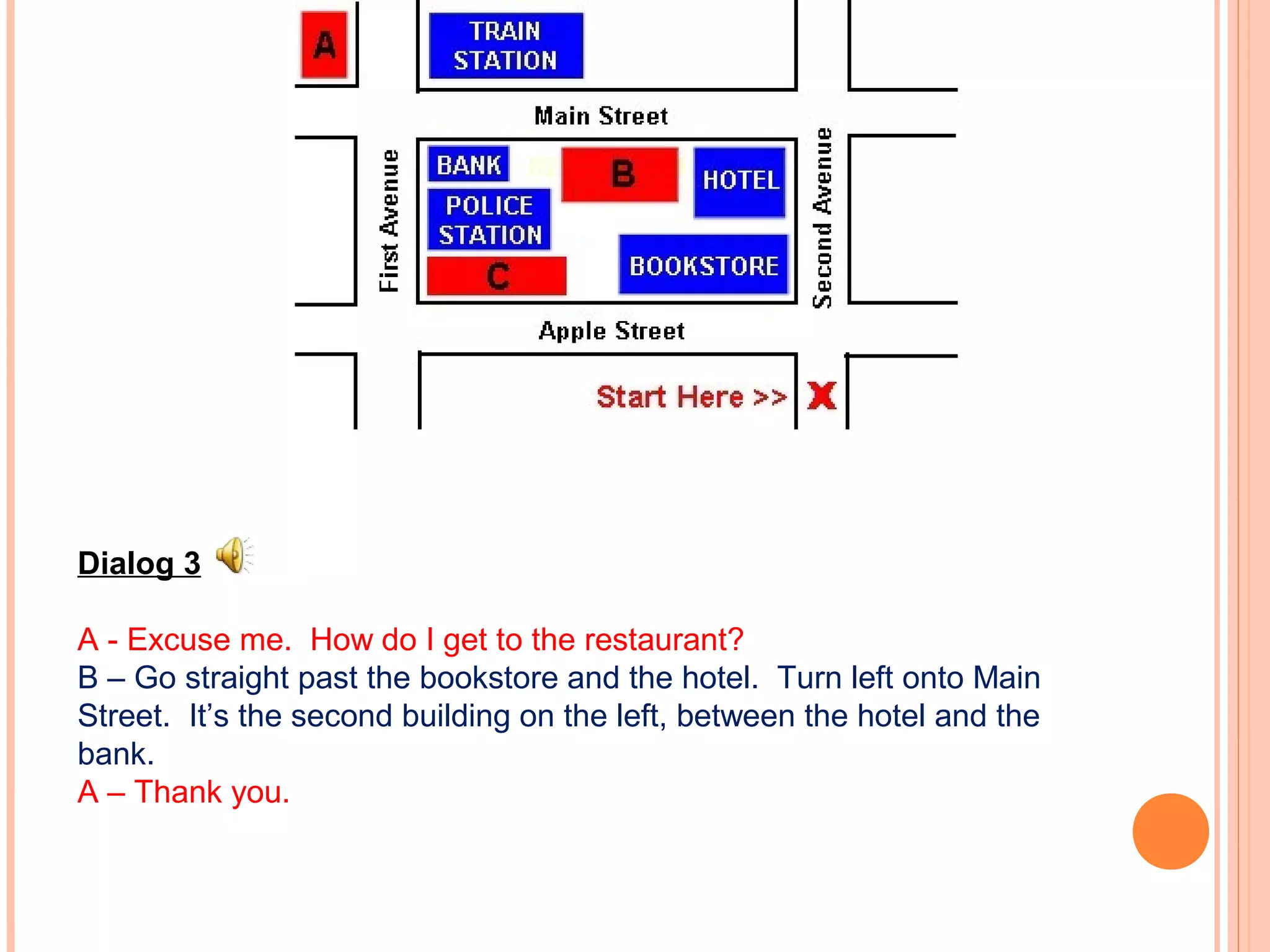 Dialog 3
A - Excuse me. How do I get to the restaurant?
B – Go straight past the bookstore and the hotel. Turn left onto Main
Street. It’s the second building on the left, between the hotel and the
bank.
A – Thank you.
 