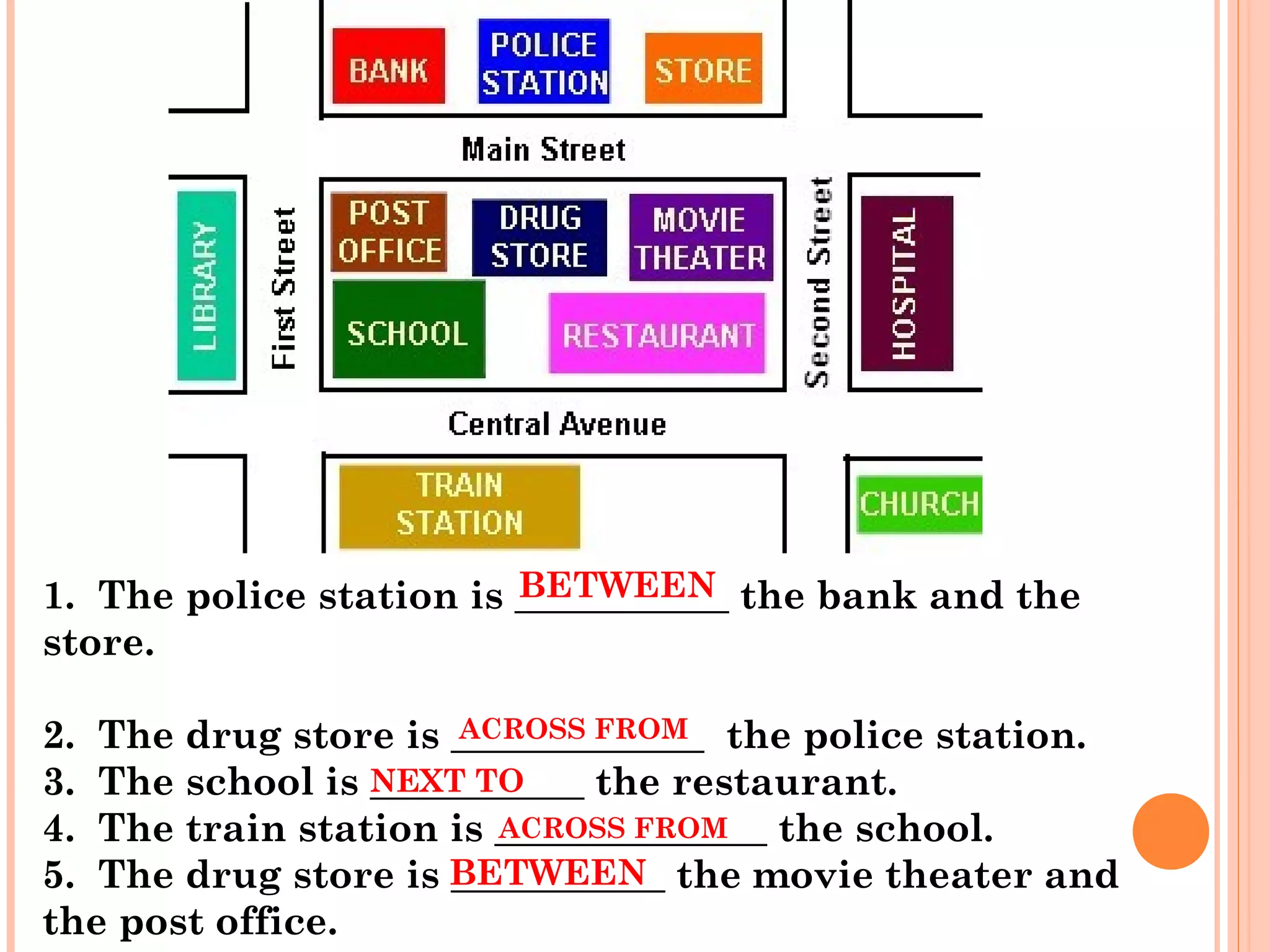 1.  The police station is ___________ the bank and the
store.  
    
2.  The drug store is _____________ the police station.
3.  The school is ___________ the restaurant.
4.  The train station is ______________ the school.
5.  The drug store is ___________ the movie theater and
the post office.
BETWEEN
ACROSS FROM
NEXT TO
ACROSS FROM
BETWEEN
 