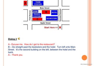 Dialog 3
A - Excuse me. How do I get to the restaurant?
B – Go straight past the bookstore and the hotel. Turn left onto Main
Street. It’s the second building on the left, between the hotel and the
bank.
A – Thank you.
iSLCollective.com
 