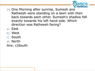 Shadow Based Question Direction Sense Problems in Reasoning WBCS Exam | PPT