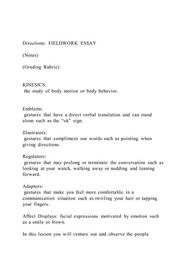Directions FIELDWORK ESSAY(Notes)(Grading Rubric) PDF