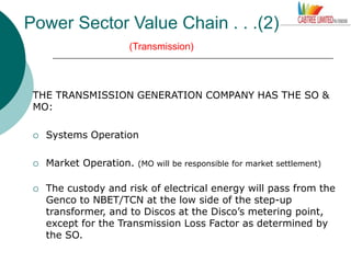Power Sector Value Chain . . .(2)
(Transmission)
THE TRANSMISSION GENERATION COMPANY HAS THE SO &
MO:
 Systems Operation
 Market Operation. (MO will be responsible for market settlement)
 The custody and risk of electrical energy will pass from the
Genco to NBET/TCN at the low side of the step-up
transformer, and to Discos at the Disco’s metering point,
except for the Transmission Loss Factor as determined by
the SO.
 