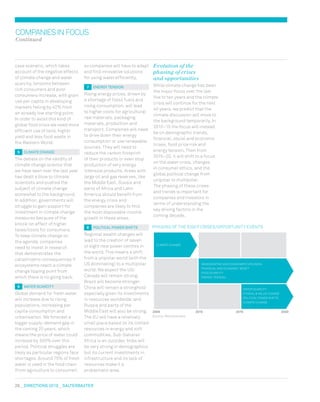 26  DIRECTIONS 2010  salterbaxter
case scenario, which takes
account of the negative effects
of climate change and water
scarcity, tensions between
rich consumers and poor
consumers increase, with grain
use per capita in developing
markets falling by 42% from
an already low starting point.
In order to avoid this kind of
global food crisis we need more
efficient use of land, higher
yield and less food waste in
the Western World.
5 climate change
The debate on the validity of
climate change science that
we have seen over the last year
has dealt a blow to climate
scientists and pushed the
subject of climate change
somewhat to the background.
In addition, governments will
struggle to gain support for
investment in climate change
measures because of the
knock-on effect of higher
taxes/costs for consumers.
To keep climate change on
the agenda, companies
need to invest in research
that demonstrates the
catastrophic consequences if
ecosystems reach a climate
change tipping point from
which there is no going back.
6 Water scarcity
Global demand for fresh water
will increase due to rising
populations, increasing per
capita consumption and
urbanisation. We forecast a
bigger supply-demand gap in
the coming 20 years, which
means the price of water could
increase by 300% over this
period. Political struggles are
likely as particular regions face
shortages. Around 75% of fresh
water is used in the food chain
(from agriculture to consumer)
so companies will have to adapt
and find innovative solutions
for using water efficiently.
7 energy tension
Rising energy prices, driven by
a shortage of fossil fuels and
rising consumption, will lead
to higher costs for agricultural
raw materials, packaging
materials, production and
transport. Companies will need
to drive down their energy
consumption or use renewable
sources. They will need to
reduce the carbon footprint
of their products or even stop
production of very energy
intensive products. Areas with
large oil and gas reserves, like
the Middle East, Russia and
parts of Africa and Latin
America should benefit from
the energy crisis and
companies are likely to find
the most disposable income
growth in these areas.
8 political power shifts
Regional wealth changes will
lead to the creation of seven
or eight new power centres in
the world. This means a shift
from a unipolar world (with the
US dominating) to a multipolar
world. We expect the US/
Canada will remain strong;
Brazil will become stronger;
China will remain a stronghold
especially given its investments
in resources worldwide; and
Russia and parts of the
Middle East will also be strong.
The EU will have a relatively
small place based on its limited
resources in energy and soft
commodities. Sub-Saharan
Africa is an outsider. India will
be very strong in demographics
but its current investments in
infrastructure and its lack of
resources make it a
problematic area.
Evolution of the
phasing of crises
and opportunities
While climate change has been
the major focus over the last
five to ten years and the climate
crisis will continue for the next
40 years, we predict that the
climate discussion will move to
the background temporarily. In
2010–15 the focus will instead
be on demographic trends,
financial, social and economic
crises, food price risk and
energy tension. Then from
2015–20, it will shift to a focus
on the water crisis, changes
in consumer ethics, and the
global political change from
unipolar to multipolar.
The phasing of these crises
and trends is important for
companies and investors in
terms of understanding the
key driving factors in the
coming decade.
Companiesinfocus
Continued
2005	 2010	 2015	 2020
PHASING OF THE EIGHT CRISES/OPPORTUNITY EVENTS
Source: ING estimates
Climate change
Water scarcity
Ethical  value change
Political power shifts
Climate change
Demographic and consumer explosion
Financial and economic ‘reset’
Food scarcity
Energy tension
 