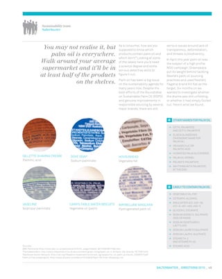 salterbaxter  DIRECTIONS 2010  49
You may not realise it, but
palm oil is everywhere.
Walk around your average
supermarket and it’ll be in
at least half of the products
on the shelves.
Sustainability team
Salterbaxter
Sources:
BBC Panorama: http://news.bbc.co.uk/panorama/hi/front_page/newsid_8517000/8517093.stm
The Independent: http://www.independent.co.uk/environment/green-living/palm-oil-in-britains-top-brands-1677467.html
Rainforest Action Network: http://ran.org/fileadmin/materials/rainforest_ag/tpwpo/list_of_palm_products_20090917.pdf
Palm oil free shopping list: http://www.docstoc.com/docs/15724828/Palm-Oil-Free-Shopping-List
As a consumer, how are you
supposed to know which
products contain palm oil and
which don’t? Looking at some
of the labels here you’d need
a science degree and some
serious detective skills to
figure it out.
Palm oil has been a big issue
on the sustainability agenda for
many years now. Despite the
best efforts of the Roundtable
on Sustainable Palm Oil (RSPO)
and genuine improvements in
responsible sourcing by several
major brands, there are still
serious issues around lack of
transparency, deforestation,
and threats to biodiversity.
In April this year palm oil was
the subject of a high profile
NGO campaign. Greenpeace
put its weight behind tackling
Nestlé’s palm oil sourcing
practices and used Nestlé’s
flagship brand Kit Kat as the
target. Six months on we
wanted to investigate whether
the drama was still unfolding,
or whether it had simply fizzled
out. Here’s what we found.
Maybelline mascara
Hydrogenated palm oil
Gillette Shaving Cream
Palmitic acid
Dove soap
Sodium palmitate
Hovis bread
Vegetable fat
Carr’s Table Water Biscuits
Vegetable oil (palm)
VASELINE
Isopropyl palmitate
	 Cetyl Palmitate
and Octyl Palmitate
	 Elaeis Guineensis
(Taxonomic name for
palm oil)
	 Hexadecylic or
Palmitic Acid
	 Hydrated Palm Glycerides
	 Palm Oil Kernel
	 Palmate/Palmitate
	 Anything with Palmitate
at the end
OTHER NAMES FOR PALM OIL
	 Vegetable Oil/fat
	 Cetearyl Alcohol
	 Emulsifier 422, 430–36,
470–8, 481–483, 493–5
	 Glyceryl Stearate
	 Sodium Dodecyl Sulphate
(SDS or NaDS)
	 Sodium Isostearoyl
Lactylaye
	 Sodium Laureth Sulphate
	 Sodium Lauryl Sulphate
	 Steareth-2
and Steareth-20
	 Stearic Acid
LIKELY TO contain PALM OIL
 