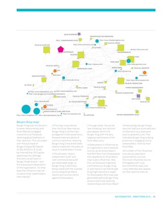 salterbaxter  DIRECTIONS 2010  55
Burger King map
Burger King took the decision
to sever relationships with
Sinar Mas and engaged
customers via Facebook
receiving good feedback on
their decision. This coincided
with the purchase of
Burger King by 3G Capital
for $3.26 billion. It could
be inferred that 3G Capital
appreciate the damage
this story could have on
Burger King’s brand – and
the subsequent devaluation
of the organisation. So what
does the influence map tell
us about what stakeholders
were saying?
The map is less dense
than the Sinar Mas map as
Burger King is not the main
protagonist in the overall story.
However there are plenty of
common elements, meaning
Burger King’s brand has been
clearly linked with the palm oil
issue in stakeholders’ minds.
The phrases ‘recent
independent audit’ and
‘self commissioned audit’
are reasonably large, so
Burger King is definitely
being linked with the scandal
surrounding Sinar Mas’s
claims and counterclaims
against Greenpeace.
Though small, the words
‘law-breaking’ and ‘activist’
also appear which link
Burger King with the very
negative sentiments of the
Sinar Mas story.
Greenpeace is influential as
an organisation and a website
source, as we would expect.
And Rolf Skar from Greenpeace
who appeared on Sinar Mas’s
map is also influential. Was
this just because of general
commentary on Burger King
or was there a risk that Burger
King might become a target
for Greenpeace (this map was
generated before Burger King
announced it was severing
relationships with Sinar Mas)?
Interestingly Burger King’s
own site features quite well and
is referred to by a specialist
source, greenbiz.com. This
indicates Burger King is being
proactive in engaging online
stakeholders, more so than
Sinar Mas.
A number of the influential
sources are specialist
sustainability sources.
The most influential source
(mongabay.com) is an
environmental news site.
Local websites also appear,
but few national sites do.
ENERGY
http://www.justmeans.com
ROLF SKAR
OIL
FOOD GIANT
http://www.thejakartaglobe.com
GREENHOUSE GAS EMISSIONS
KFC
PALM OIL SUPPLY
OIL PALM
ENVIRONMENTAL
http://forests.org
http://www.bk.com
http://www.wtopnews.com
SELF−COMMISSIONED AUDIT
FOOD
http://bnd.vrvm.com
FOOD CHAIN
PALM OIL PR
BOGOR AGRICULTURAL INSTITUTE
PALM OIL PRODUCER
MANUFACTURING
http://www.google.com/hostednews/afp/article
http://ofwnow.com
LAW−BREAKING
OIL SUPPLIER
HAMBURGER CHAIN
OIL PALM PLANTATIONS
PALM OIL CROPS
http://www.fastcompany.com
RECENT INDEPENDENT AUDIT
PIZZA HUT
PALM OIL INDUSTRY
http://news.mongabay.com
BIOFUELS
PALM OIL GIANT
http://www.greenbiz.com
DUNKIN
PALM OIL PLANTATIONS
PALM OIL
http://en.vivanews.com
http://www.khaleejtimes.com
FOREST MANAGEMENT
http://www.climateark.org
PALM OIL PRODUCTION
http://www.kval.com
WORLD BANK
GREENPEACE
SUPPLY CHAIN
http://www.greenpeace.org.uk
PALM OIL SUPPLIES
ACTIVIST
http://www.abc.net.au
DAUD DHARSONO
 