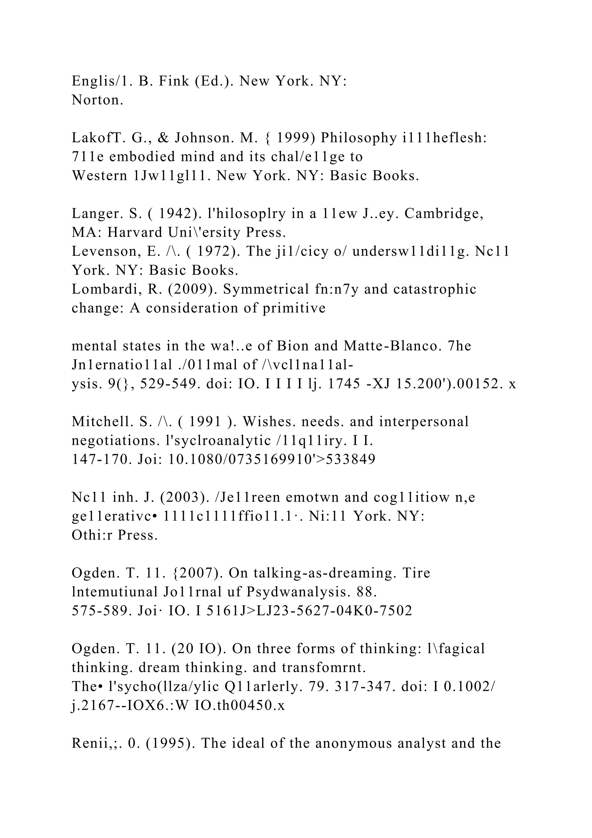 Englis/1. B. Fink (Ed.). New York. NY:
Norton.
LakofT. G., & Johnson. M. { 1999) Philosophy i111heflesh:
711e embodied mind and its chal/e11ge to
Western 1Jw11gl11. New York. NY: Basic Books.
Langer. S. ( 1942). l'hilosoplry in a 11ew J..ey. Cambridge,
MA: Harvard Uni'ersity Press.
Levenson, E. /. ( 1972). The ji1/cicy o/ undersw11di11g. Nc11
York. NY: Basic Books.
Lombardi, R. (2009). Symmetrical fn:n7y and catastrophic
change: A consideration of primitive
mental states in the wa!..e of Bion and Matte-Blanco. 7he
Jn1ernatio11al ./011mal of /vcl1na11al-
ysis. 9(}, 529-549. doi: IO. I I I I lj. 1745 -XJ 15.200').00152. x
Mitchell. S. /. ( 1991 ). Wishes. needs. and interpersonal
negotiations. l'syclroanalytic /11q11iry. I I.
147-170. Joi: 10.1080/0735169910'>533849
Nc11 inh. J. (2003). /Je11reen emotwn and cog11itiow n,e
ge11erativc• 1111c1111ffio11.1·. Ni:11 York. NY:
Othi:r Press.
Ogden. T. 11. {2007). On talking-as-dreaming. Tire
lntemutiunal Jo11rnal uf Psydwanalysis. 88.
575-589. Joi· IO. I 5161J>LJ23-5627-04K0-7502
Ogden. T. 11. (20 IO). On three forms of thinking: lfagical
thinking. dream thinking. and transfomrnt.
The• l'sycho(llza/ylic Q11arlerly. 79. 317-347. doi: I 0.1002/
j.2167--IOX6.:W IO.th00450.x
Renii,;. 0. (1995). The ideal of the anonymous analyst and the
 
