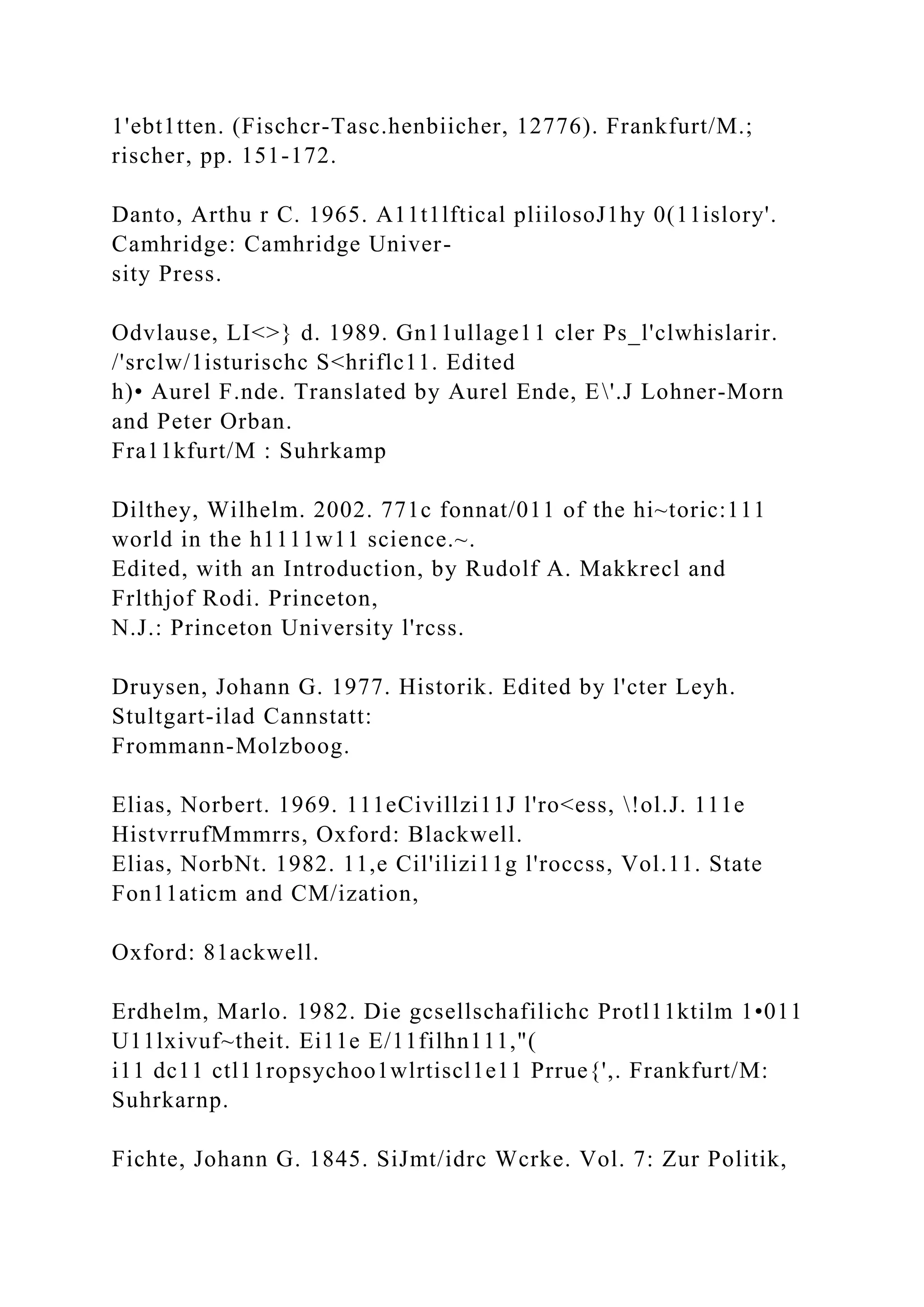 1'ebt1tten. (Fischcr-Tasc.henbiicher, 12776). Frankfurt/M.;
rischer, pp. 151-172.
Danto, Arthu r C. 1965. A11t1lftical pliilosoJ1hy 0(11islory'.
Camhridge: Camhridge Univer-
sity Press.
Odvlause, LI<>} d. 1989. Gn11ullage11 cler Ps_l'clwhislarir.
/'srclw/1isturischc S<hriflc11. Edited
h)• Aurel F.nde. Translated by Aurel Ende, E'.J Lohner-Morn
and Peter Orban.
Fra11kfurt/M : Suhrkamp
Dilthey, Wilhelm. 2002. 771c fonnat/011 of the hi~toric:111
world in the h1111w11 science.~.
Edited, with an Introduction, by Rudolf A. Makkrecl and
Frlthjof Rodi. Princeton,
N.J.: Princeton University l'rcss.
Druysen, Johann G. 1977. Historik. Edited by l'cter Leyh.
Stultgart-ilad Cannstatt:
Frommann-Molzboog.
Elias, Norbert. 1969. 111eCivillzi11J l'ro<ess, !ol.J. 111e
HistvrrufMmmrrs, Oxford: Blackwell.
Elias, NorbNt. 1982. 11,e Cil'ilizi11g l'roccss, Vol.11. State
Fon11aticm and CM/ization,
Oxford: 81ackwell.
Erdhelm, Marlo. 1982. Die gcsellschafilichc Protl11ktilm 1•011
U11lxivuf~theit. Ei11e E/11filhn111,"(
i11 dc11 ctl11ropsychoo1wlrtiscl1e11 Prrue{',. Frankfurt/M:
Suhrkarnp.
Fichte, Johann G. 1845. SiJmt/idrc Wcrke. Vol. 7: Zur Politik,
 